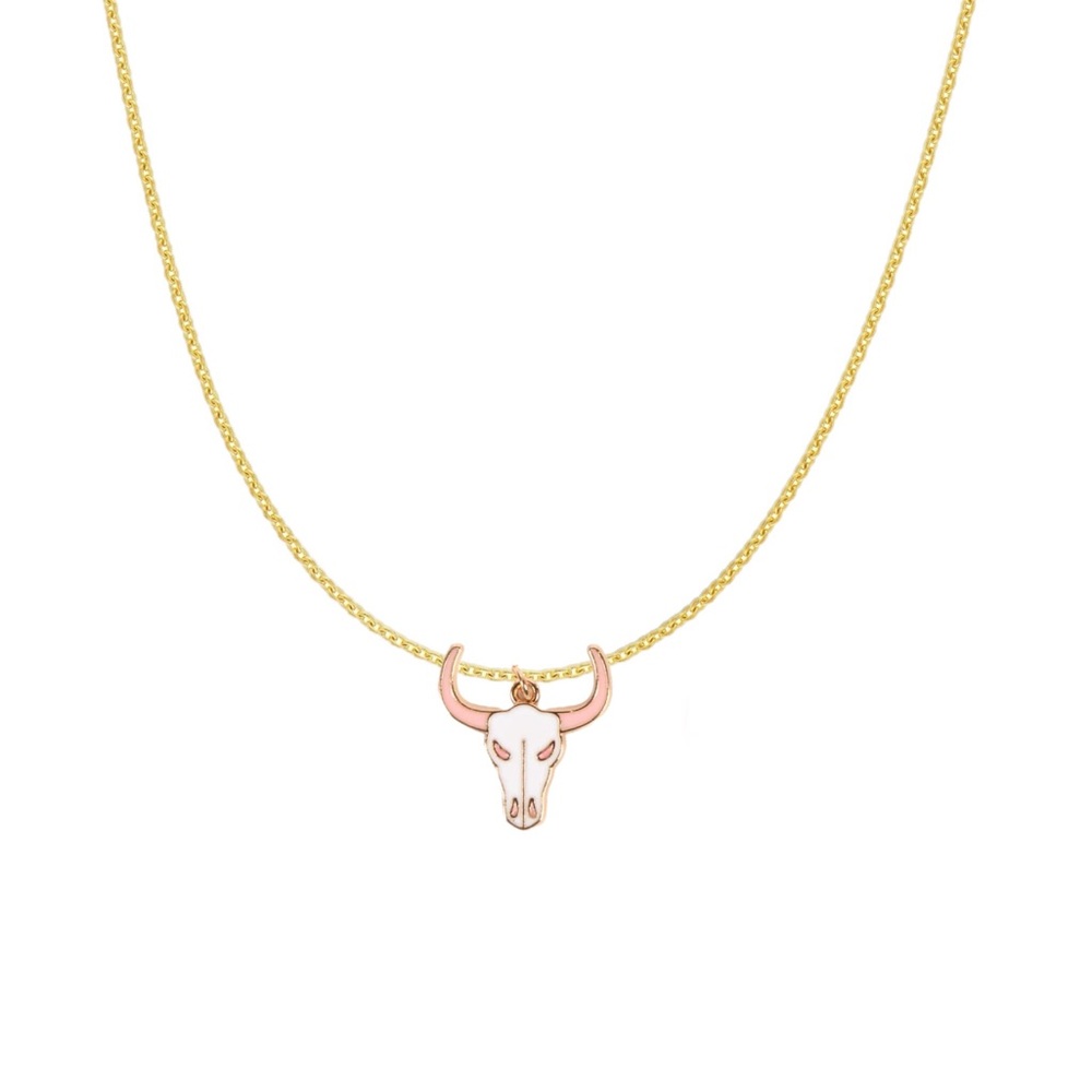 Pink Cattle Skull Gold Charm Necklace